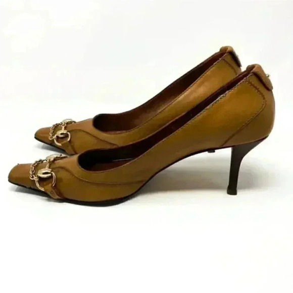 Gucci Brown Leather Gold Horsebit Chain Pointed Toe Kitten Heel Pumps Size 10 - Picture 3 of 15